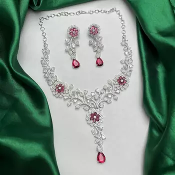 Ruby Red Floral Bridal Jewelry Set, Silver Marquise Cubic Zirconia Statement Necklace Earrings 2