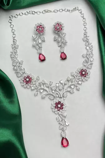 Ruby Red Floral Bridal Jewelry Set, Silver Marquise Cubic Zirconia Statement Necklace Earrings