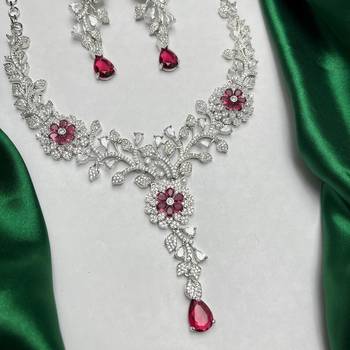 Ruby Red Floral Bridal Jewelry Set, Silver Marquise Cubic Zirconia Statement Necklace Earrings 3