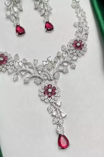 Ruby Red Floral Bridal Jewelry Set, Silver Marquise Cubic Zirconia Statement Necklace Earrings