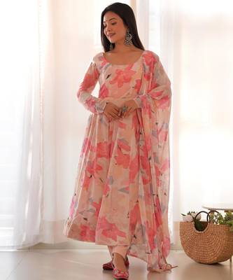 Women's Gorgeous Floral Print Fox Georgette Fabric Flared Anarkali Pant and Dupatta Set 1