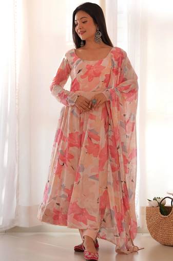 Women's Gorgeous Floral Print Fox Georgette Fabric Flared Anarkali Pant and Dupatta Set