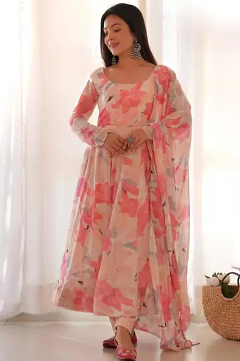 Women's Gorgeous Floral Print Fox Georgette Fabric Flared Anarkali Pant and Dupatta Set