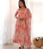 Women's Gorgeous Floral Print Fox Georgette Fabric Flared Anarkali Pant and Dupatta Set
