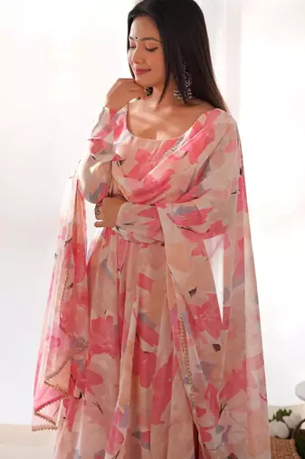Women's Gorgeous Floral Print Fox Georgette Fabric Flared Anarkali Pant and Dupatta Set