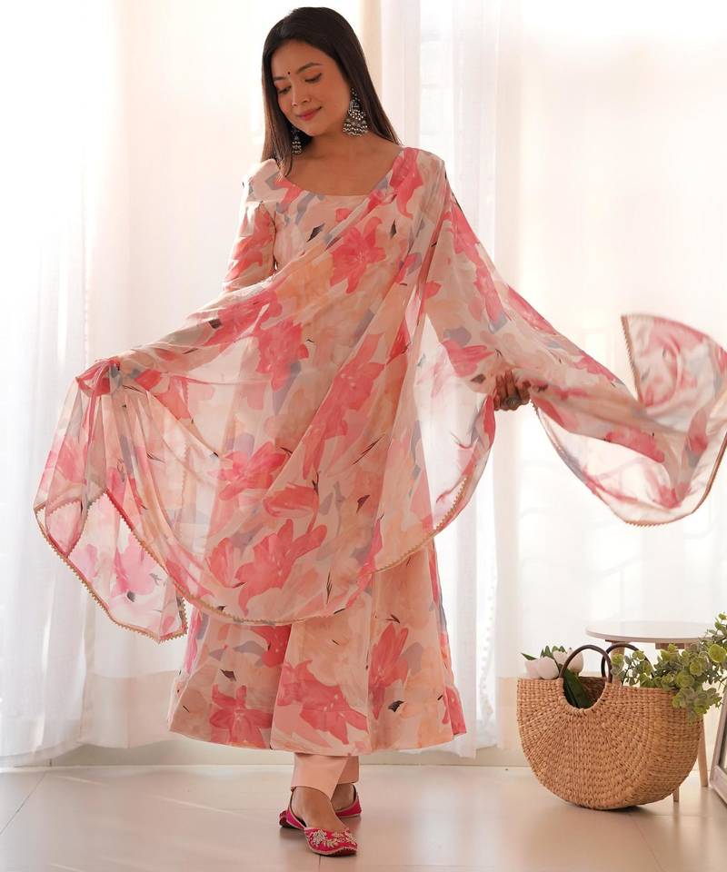 Women's Gorgeous Floral Print Fox Georgette Fabric Flared Anarkali Pant and Dupatta Set