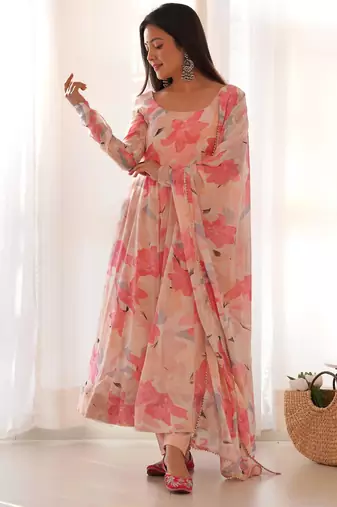 Women's Gorgeous Floral Print Fox Georgette Fabric Flared Anarkali Pant and Dupatta Set