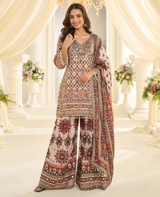 Cream crepe digital print farshi salwar set 1