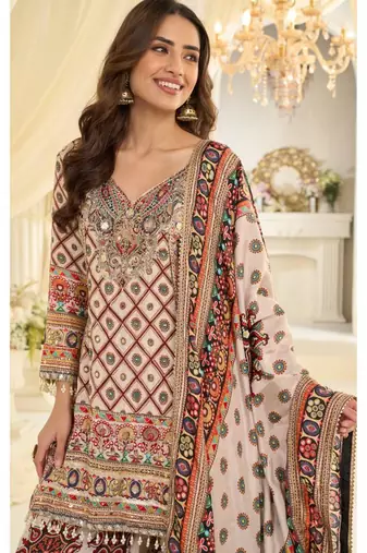 Cream crepe digital print farshi salwar set