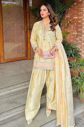 Cream satin embroidered palazzo set