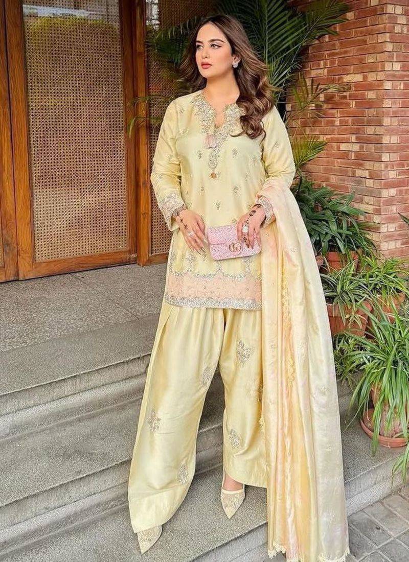 Cream satin embroidered palazzo set