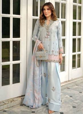 Sky-blue satin embroidered palazzo set 1
