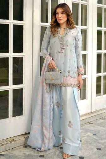 Sky-blue satin embroidered palazzo set