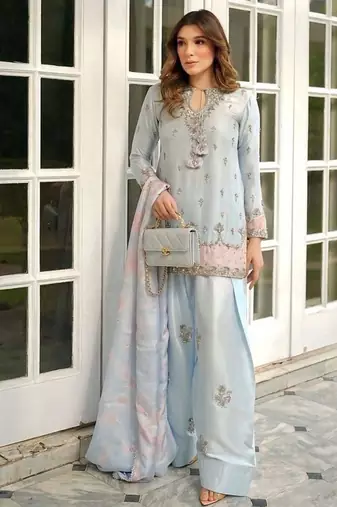 Sky-blue satin embroidered palazzo set