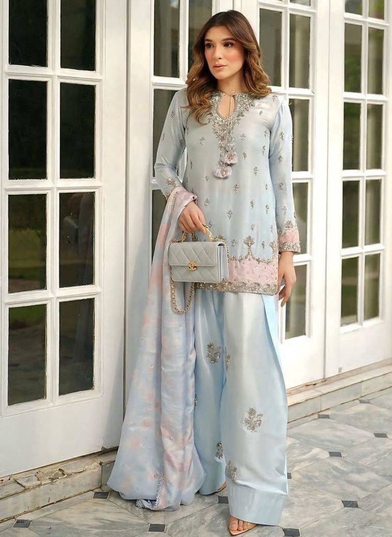 Sky-blue satin embroidered palazzo set