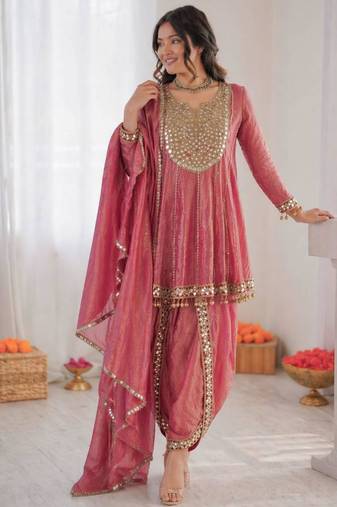 Pink art silk thread embroidery kurta set