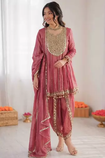 Pink art silk thread embroidery kurta set