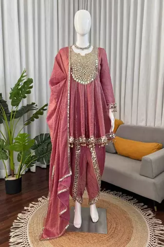 Pink art silk thread embroidery kurta set