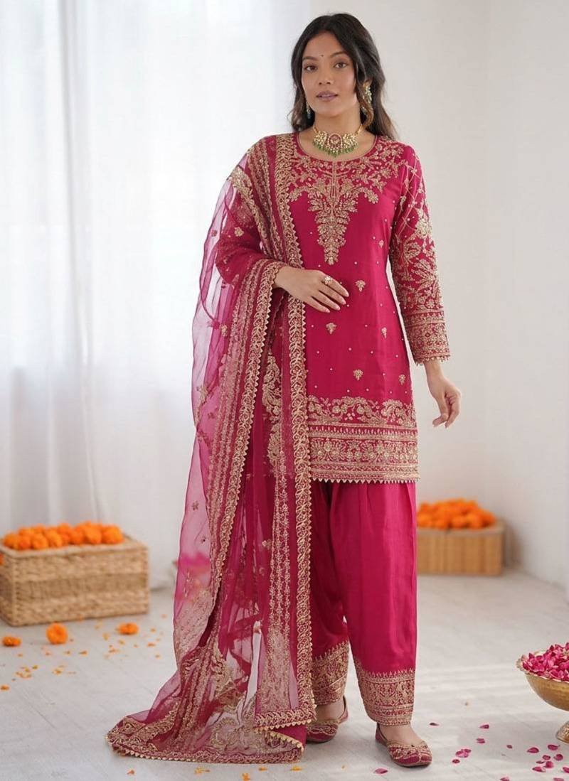 Pink crepe embroidered farshi salwar set