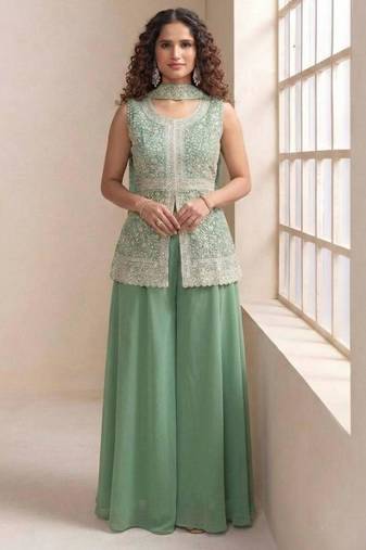 Green faux georgette sequins sharara set