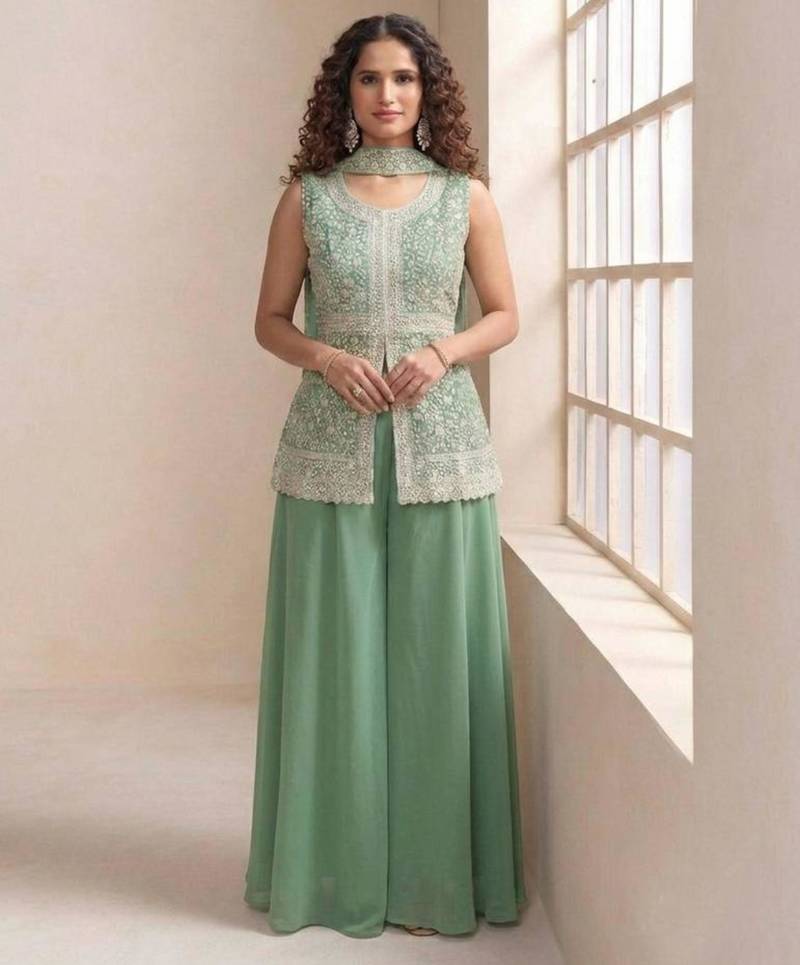 Green faux georgette sequins sharara set