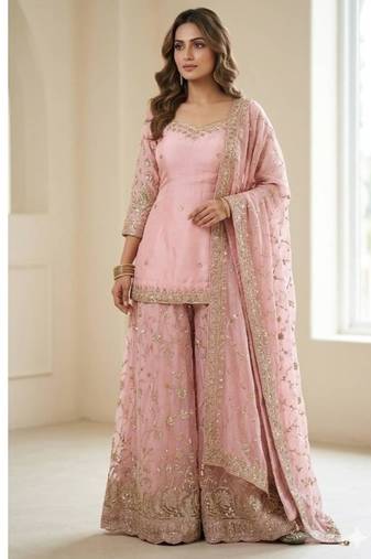 Pink tissue embroidered sharara set
