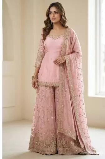 Pink tissue embroidered sharara set