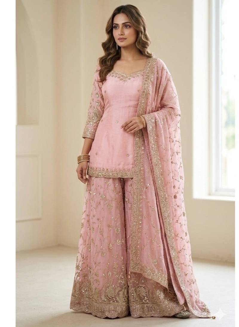 Pink tissue embroidered sharara set