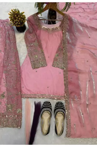 Pink tissue embroidered sharara set