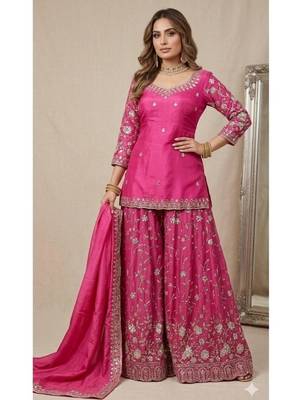 Rani-pink tissue embroidered sharara set 1