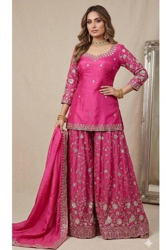Rani-pink tissue embroidered sharara set