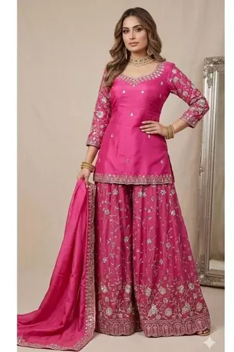 Rani-pink tissue embroidered sharara set