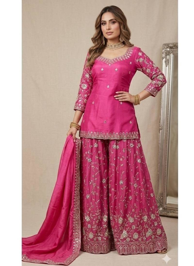 Rani-pink tissue embroidered sharara set