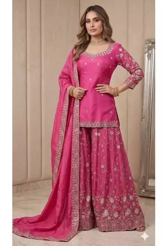 Rani-pink tissue embroidered sharara set