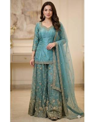 Aqua-blue tissue embroidered salwar kameez 1