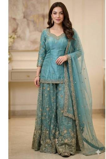 Aqua-blue tissue embroidered salwar kameez