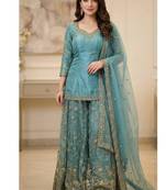 Aqua-blue tissue embroidered salwar kameez