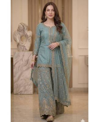 Aqua-blue tissue embroidered salwar kameez 2