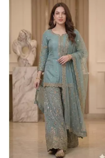 Aqua-blue tissue embroidered salwar kameez
