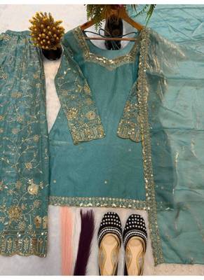 Aqua-blue tissue embroidered salwar kameez 3