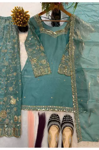 Aqua-blue tissue embroidered salwar kameez
