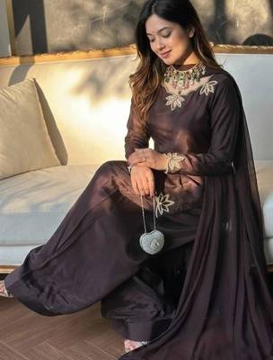 Coffee crepe embroidered farshi salwar set 2