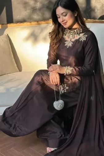 Coffee crepe embroidered farshi salwar set