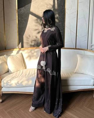 Coffee crepe embroidered farshi salwar set 1