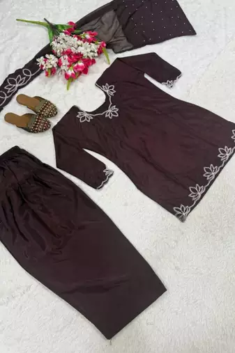 Coffee crepe embroidered farshi salwar set