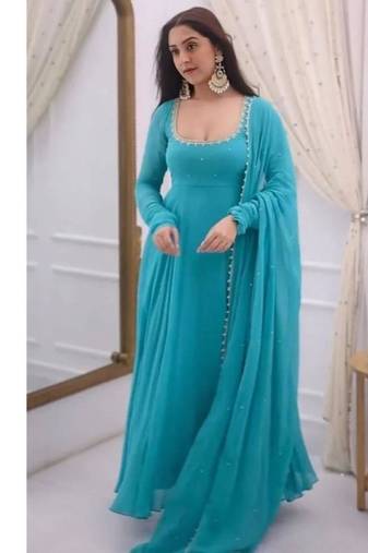 Sky-blue faux georgette embroidered anarkali set