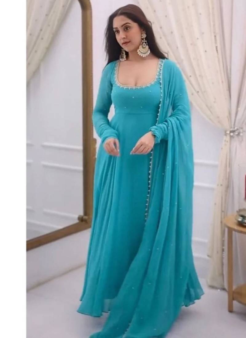 Sky-blue faux georgette embroidered anarkali set