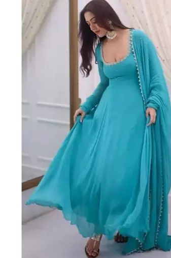 Sky-blue faux georgette embroidered anarkali set