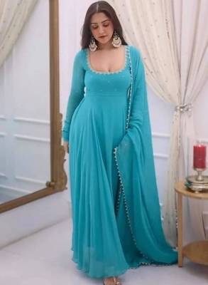 Sky-blue faux georgette embroidered anarkali set 3