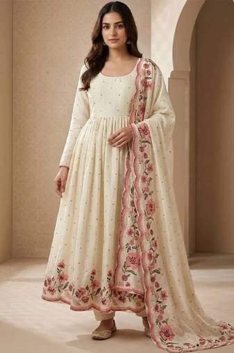 Off-white cotton silk embroidered farshi salwar set